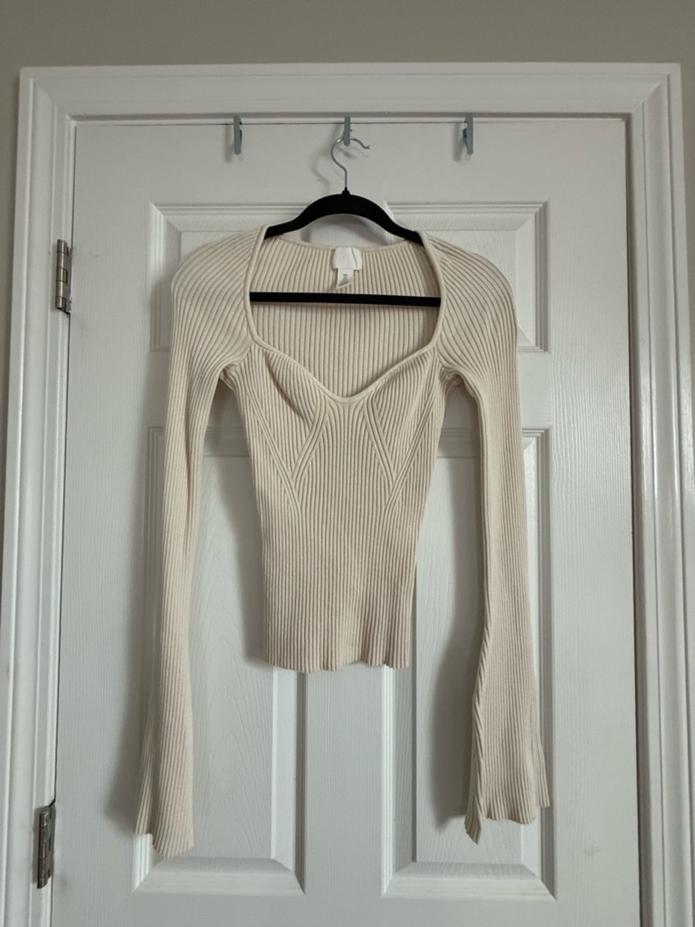 H&M Cream Ribbed Long-Sleeve Scoop Neck Top